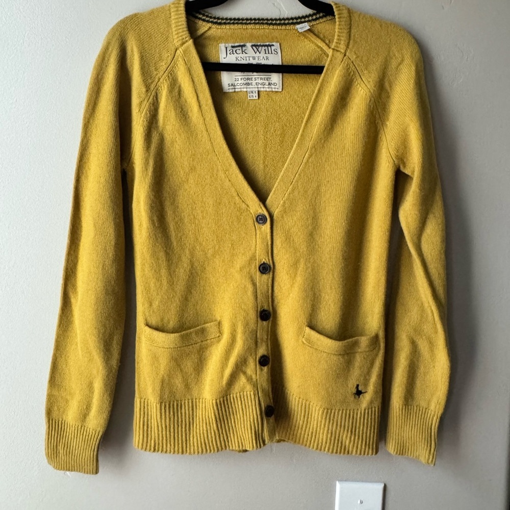 Jack Wills Merino Wool Cardigan Mustard V Neck Preppy 4 Academia Old Money Chic